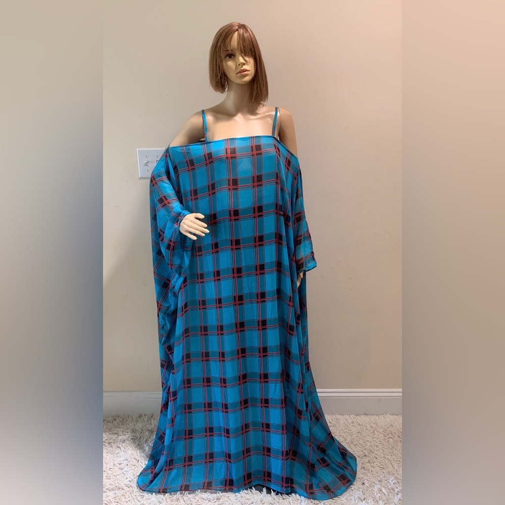 Blue Chiffon Multicolor Handmade Off Shoulder Blue Kaftan Maxi Dress